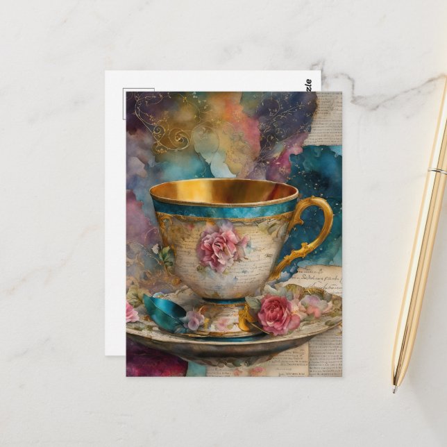 Colorful Teacup Collage Mixed Media Fantasy Postcard (Front/Back In Situ)