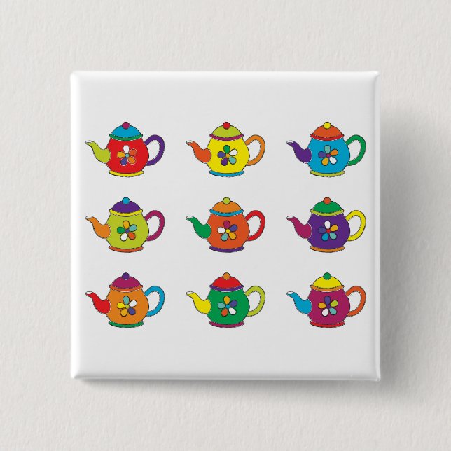 COLORFUL TEAPOTS 2 INCH SQUARE BUTTON (Front)