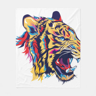 Colorful tiger head roaring illustration fleece blanket