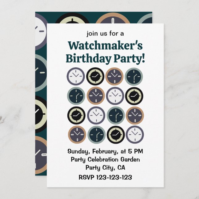Colorful Time Clock Pattern Watchmaker Birthday Invitation (Front/Back)