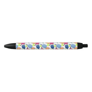 Colorful Tossed Pickleballs and Paddles Black Ink Pen