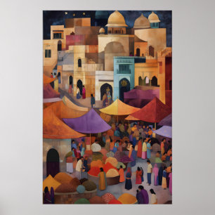 Colorful Traditional Indian Marketplace Painting Poster