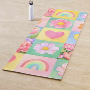 Colorful Trendy Floral Checkerboard Pattern Yoga Mat