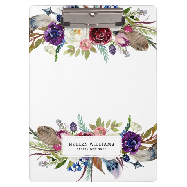 Colorful tribal feathers & flowers bouquet clipboard (Front)