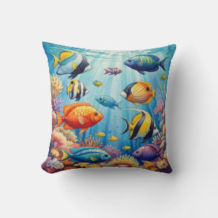 Colorful Tropical Coral Reef Fish Watercolor Throw Pillow