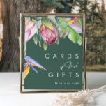 Colorful Tropical Floral | Green Cards and Gifts Poster<br><div class="desc">This colorful tropical floral | green cards and gifts sign is perfect for your modern boho destination green, purple, peach wedding. Design features an elegant bouquet of classic beach watercolor greenery and flowers, including sage green eucalyptus, mauve and red protea, blush pink hibiscus, orange and blue bird of paradise, and...</div>