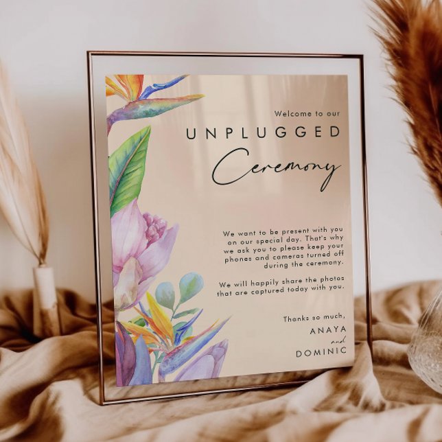Colorful Tropical Floral Peach Unplugged Ceremony Poster (Creator Uploaded)