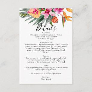 Colorful Tropical Floral Pink Wedding Details Enclosure Card