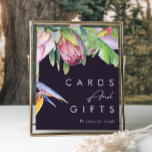 Colorful Tropical Floral | Purple Cards and Gifts Poster<br><div class="desc">This colorful tropical floral | purple cards and gifts sign is perfect for your modern boho destination green, purple, peach wedding. Design features an elegant bouquet of classic beach watercolor greenery and flowers, including sage green eucalyptus, mauve and red protea, blush pink hibiscus, orange and blue bird of paradise, and...</div>