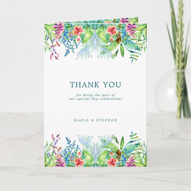 Colorful Tropical Flowers Border Thank You Card (Front)