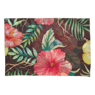 Colorful Tropical Flowers Dark Background Pillowcase