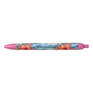 Colorful Tropical Flowers & Landscape Blue Ink Pen