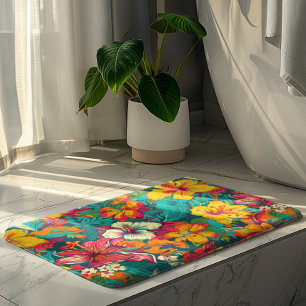 Colorful Tropical Flowers Pattern Bath Mat