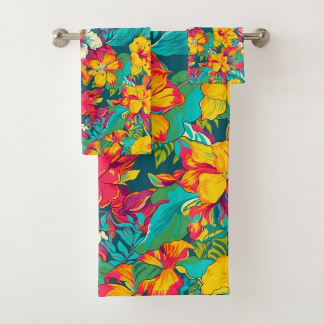 Colorful Tropical Flowers Pattern Bath Towel Set (Insitu)