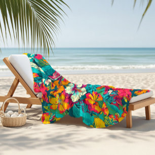Colorful Tropical Flowers Pattern Beach Towel