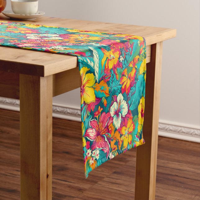 Colorful Tropical Flowers Pattern Short Table Runner (In Situ)