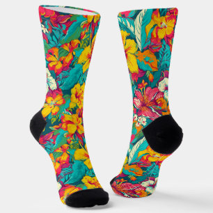 Colorful Tropical Flowers Pattern Socks