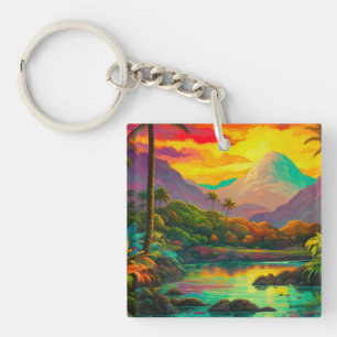 Colorful Tropical Island Paradise Keychain