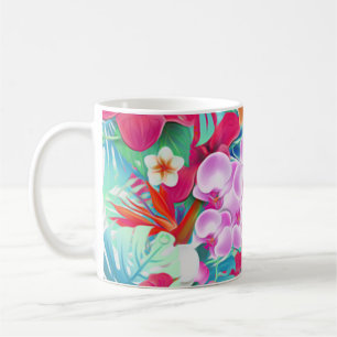 Colorful Tropical Leaves and Flowers Illustration Coffee Mug