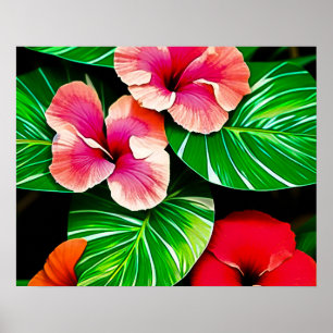 Colorful Tropical Leaves and Hibiscus Flowers   Poster