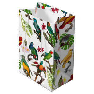 Colorful Tropical Parrots, Leaves & Flowers  Medium Gift Bag