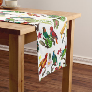 Colorful Tropical Parrots, Leaves & Flowers  Short Table Runner