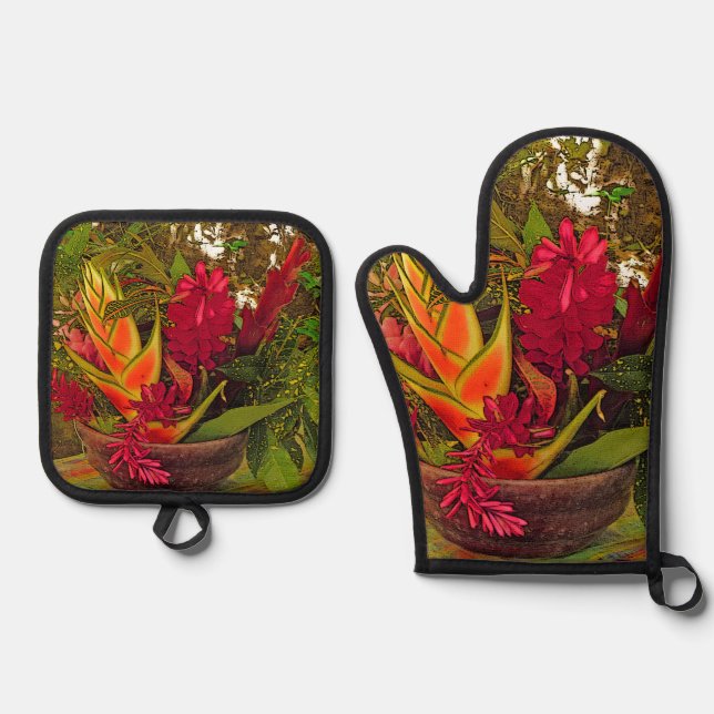  COLORFUL TROPICAL PLANTS  OVEN MITT & POT HOLDER SET (Front)