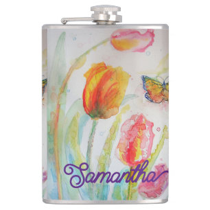 Colorful Tulip Butterfly Watercolor Customizable  Hip Flask