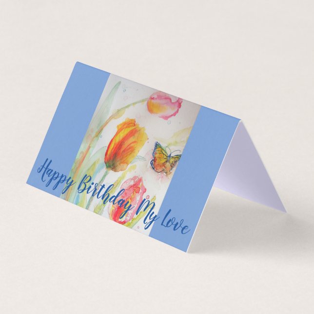 Colorful Tulip Watercolor Art Love Birthday Card (Front)