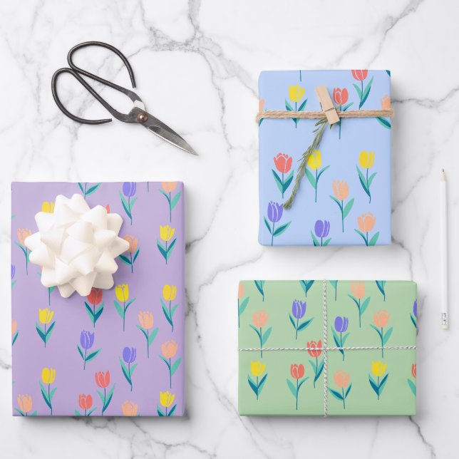 Colorful Tulips Floral Design Wrapping Paper Sheet (Front)