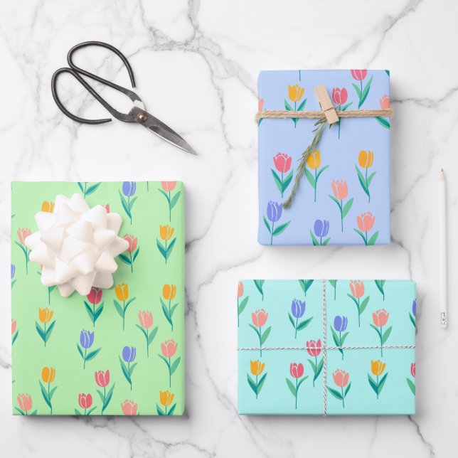 Colorful Tulips Floral Design Wrapping Paper Sheet (Front)
