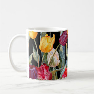 Colorful tulips, isolated black background. coffee mug