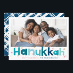 COLORFUL TYPOGRAPHY modern landscape photo blue Holiday Card<br><div class="desc">by kat massard >>> WWW.SIMPLYSWEETPAPERIE.COM <<<
A super fun card design for HANUKKAH  in colorful type and cute cross hatch pattern on the backside. Maximum area to display your beautiful family too!</div>