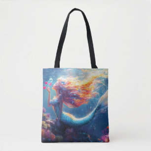 Colorful Underwater Mermaid Illustration Tote Bag