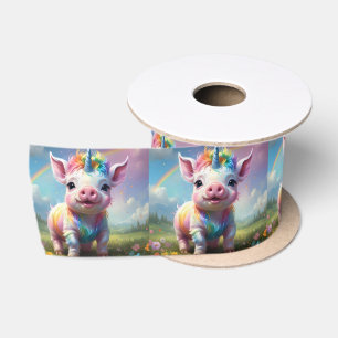 Colorful Unicorn Baby Pig Acrylic Art, Satin Ribbon