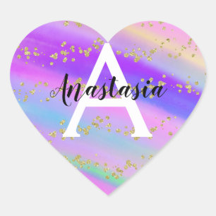Colorful Unicorn Rainbow Gold Glitter Monogram Heart Sticker