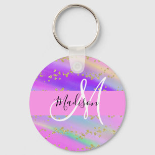 Colorful Unicorn Rainbow Gold Glitter Monogram Keychain