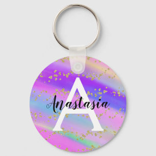 Colorful Unicorn Rainbow Gold Glitter Monogram Keychain