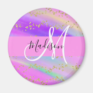 Colorful Unicorn Rainbow Gold Glitter Monogram Magnet