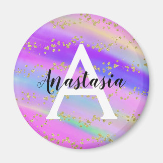 Colorful Unicorn Rainbow Gold Glitter Monogram Magnet