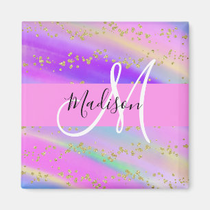 Colorful Unicorn Rainbow Gold Glitter Monogram Magnet