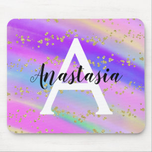 Colorful Unicorn Rainbow Gold Glitter Monogram Mouse Pad