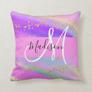 Colorful Unicorn Rainbow Gold Glitter Monogram Throw Pillow
