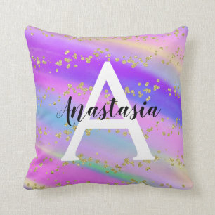 Colorful Unicorn Rainbow Gold Glitter Monogram Throw Pillow