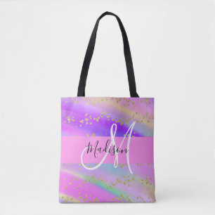 Colorful Unicorn Rainbow Gold Glitter Monogram Tote Bag