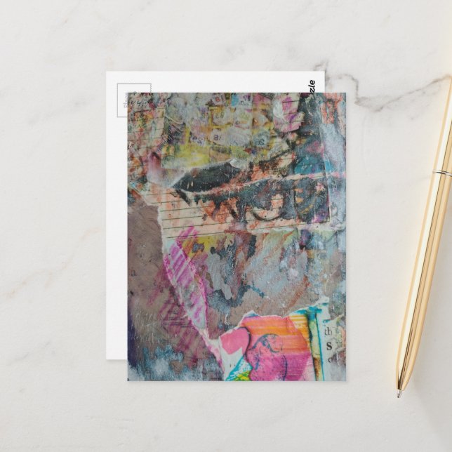 Colorful unique abstract mixed media collage postcard (Front/Back In Situ)