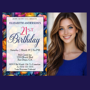 Colorful Vibrant Poppy Flower 21st Photo Birthday Invitation