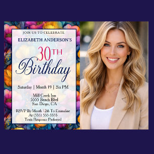 Colorful Vibrant Poppy Flower 30th Birthday Photo Invitation