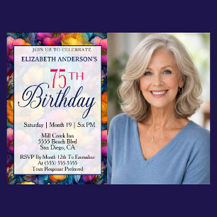 Colorful Vibrant Poppy Flower 75th Birthday Photo Invitation