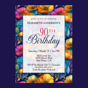 Colorful Vibrant Poppy Flower 90th Birthday Invitation